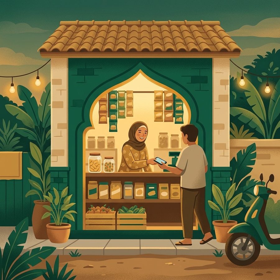 Ilustrasi warung keluarga berpintu lengkung: penjaga warung berhijab melayani pembeli yang membayar dengan ponsel